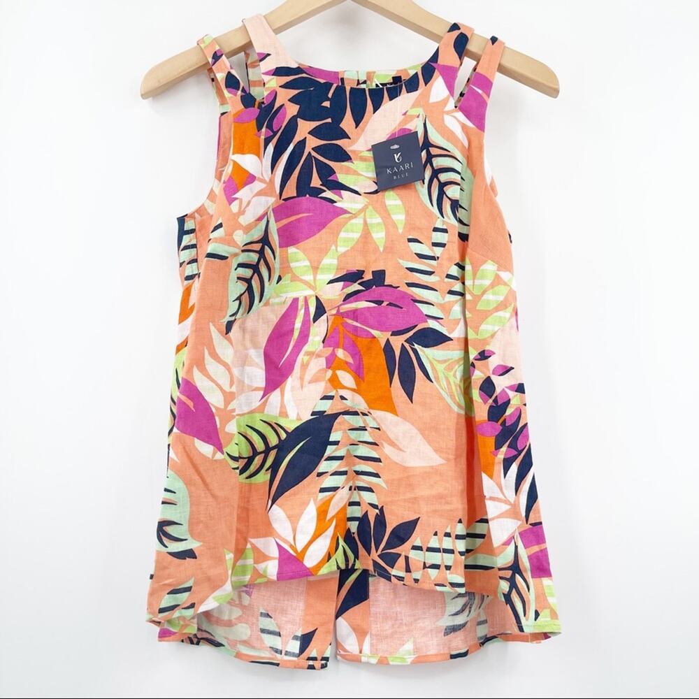 KAARI BLUE 100% Linen Cutout Shoulder Tank Top Bright Floral SZ Extra Small NWT